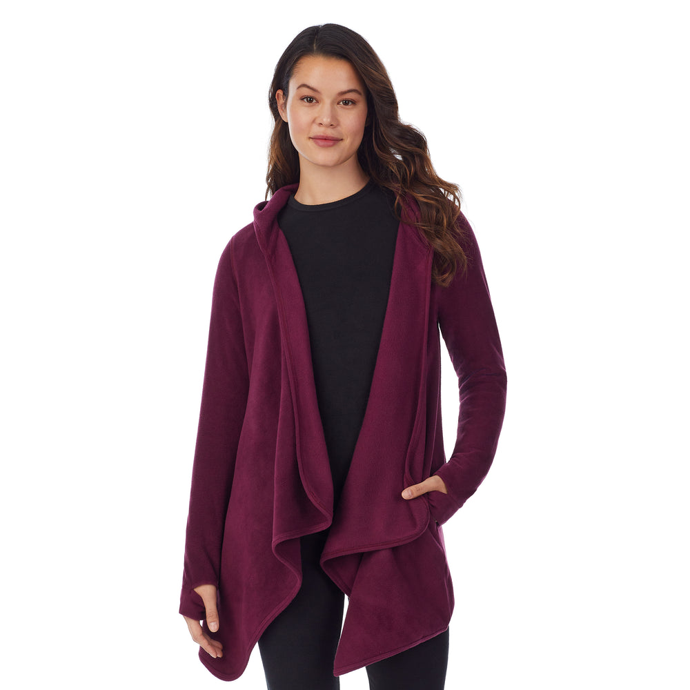 Upper body of a lady wearing long sleeve grape hooded wrap !59% Polyester, 35% Recycled Polyester, 6% Spandex!