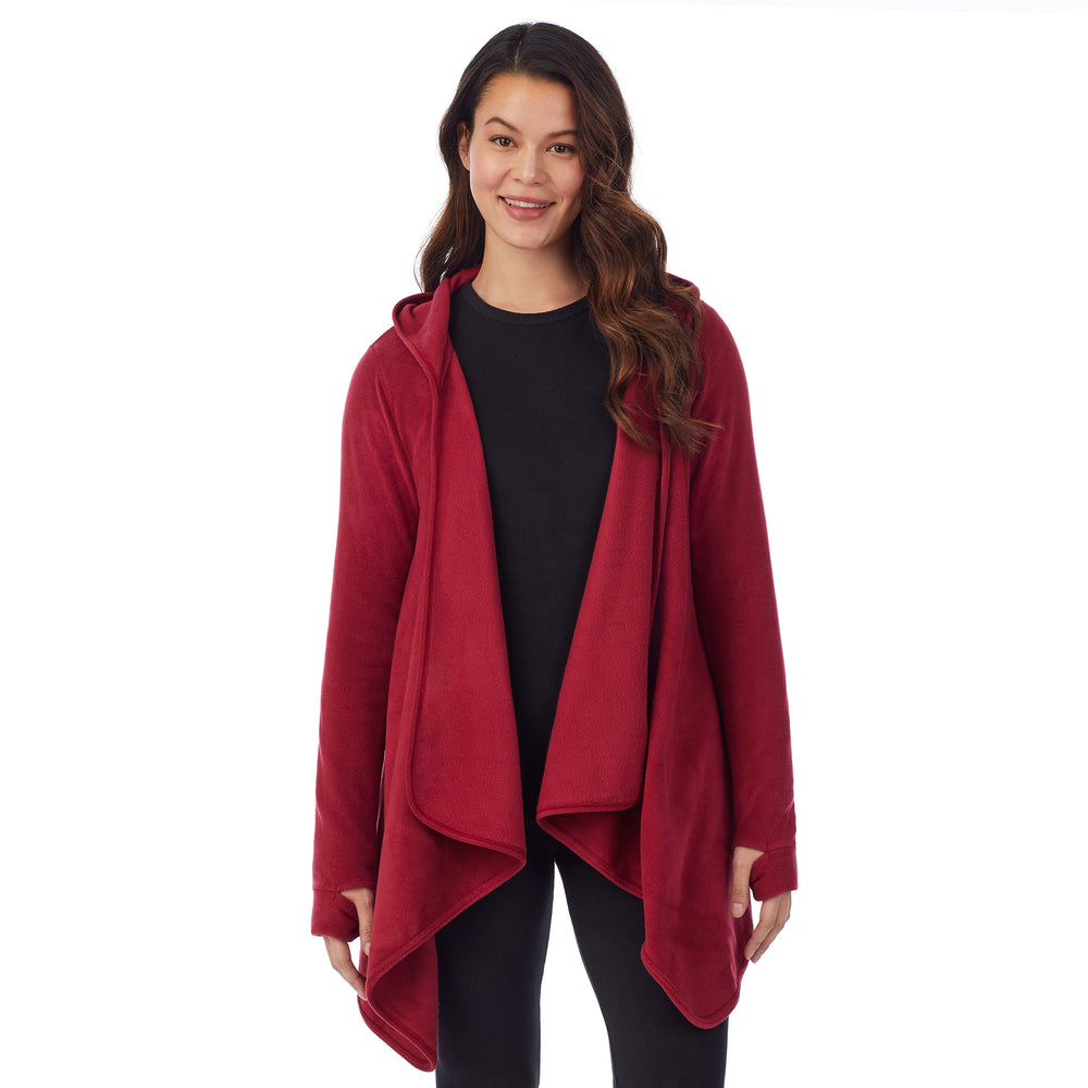 Upper body of a lady wearing long sleeve red hooded wrap !59% Polyester, 35% Recycled Polyester, 6% Spandex!