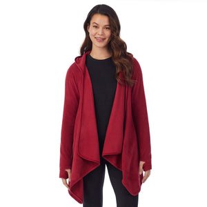 Upper body of a lady wearing long sleeve red hooded wrap !59% Polyester, 35% Recycled Polyester, 6% Spandex!