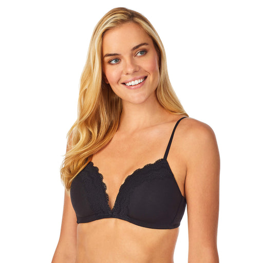 A lady wearing black comfy wire-free bra.