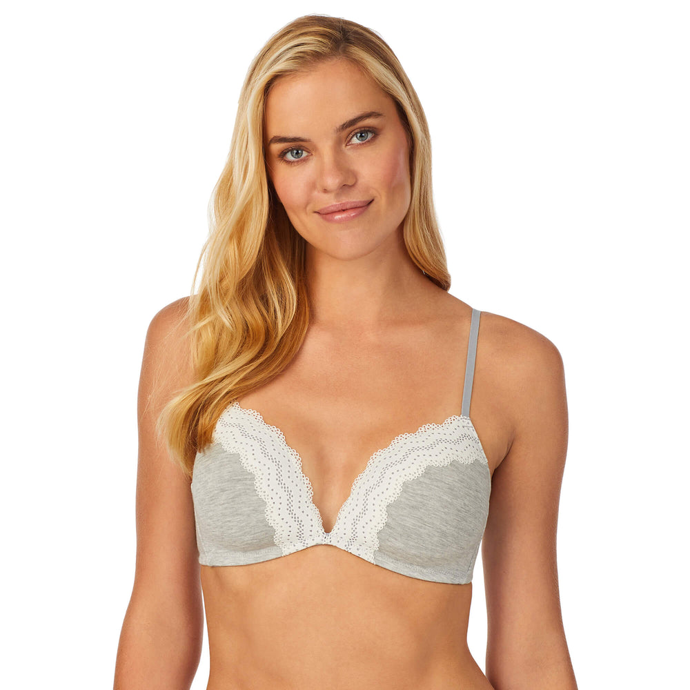 A lady wearing heather grey comfy wire-free bra.