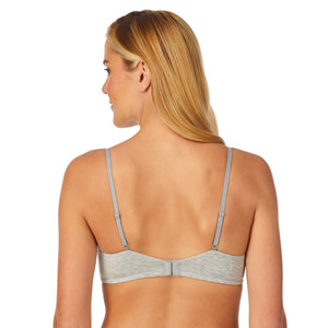 A lady wearing heather grey comfy wire-free bra.