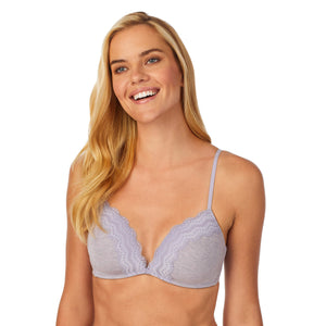 A lady wearing lavender heather comfy wire-free bra.