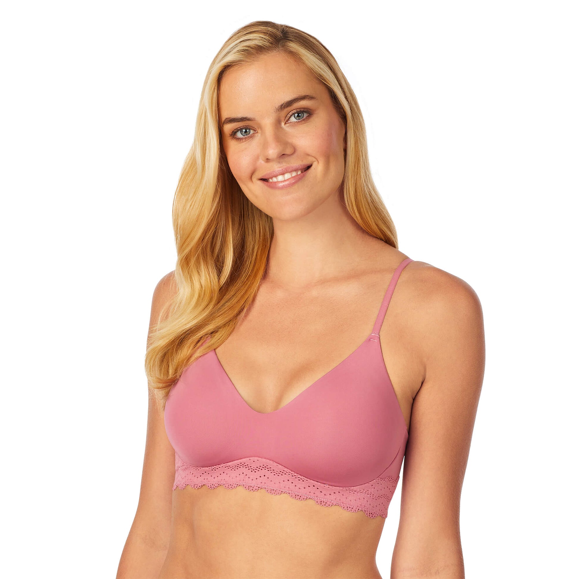 A lady wearing Heather Rose smooth wire-free bra with lace.