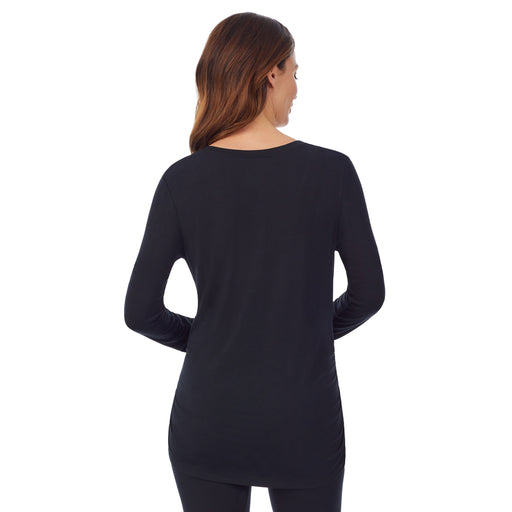 Black; Model is wearing size S. She is 5’9”, Bust 34”, Waist 24.5”, Hips 36.5”. @A lady wearing a black long sleeve maternity snap front henley top. #Model is wearing a maternity bump.