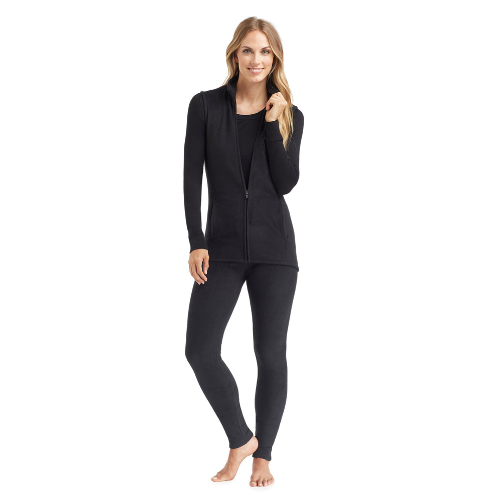A lady wearing black full zip vest !59% Polyester, 35% Recycled Polyester, 6% Spandex!