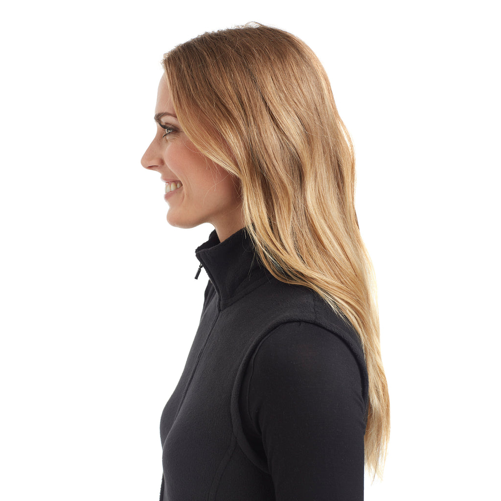 upper body of A lady wearing black full zip vest !59% Polyester, 35% Recycled Polyester, 6% Spandex!