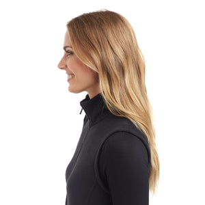 upper body of A lady wearing black full zip vest !59% Polyester, 35% Recycled Polyester, 6% Spandex!