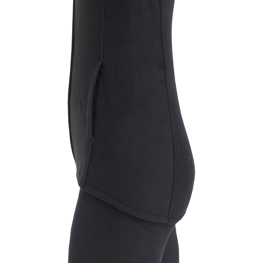 upper body of A lady wearing black full zip vest !59% Polyester, 35% Recycled Polyester, 6% Spandex!
