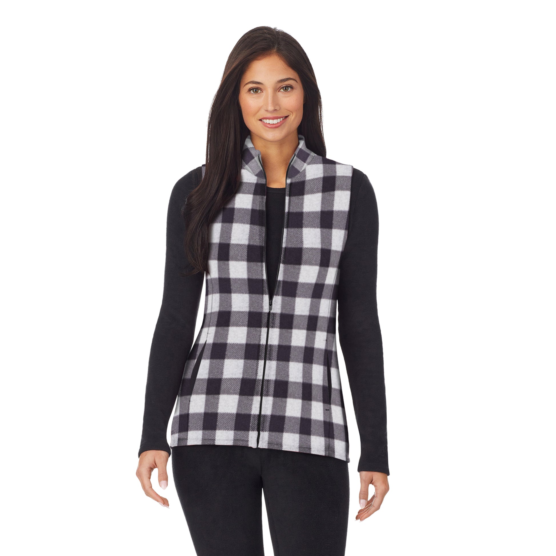Grey Buffalo Check; Model is wearing size S. She is 5'8.5", Bust 32", Waist 25", Hips 36".@upper body of A lady wearing grey full zip vest with buffalo print