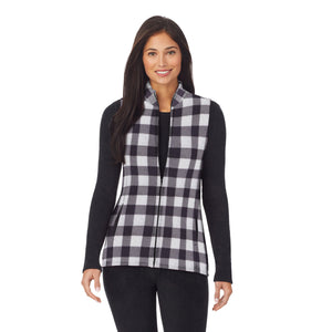 upper body of A lady wearing grey full zip vest with buffalo print !59% Polyester, 35% Recycled Polyester, 6% Spandex!