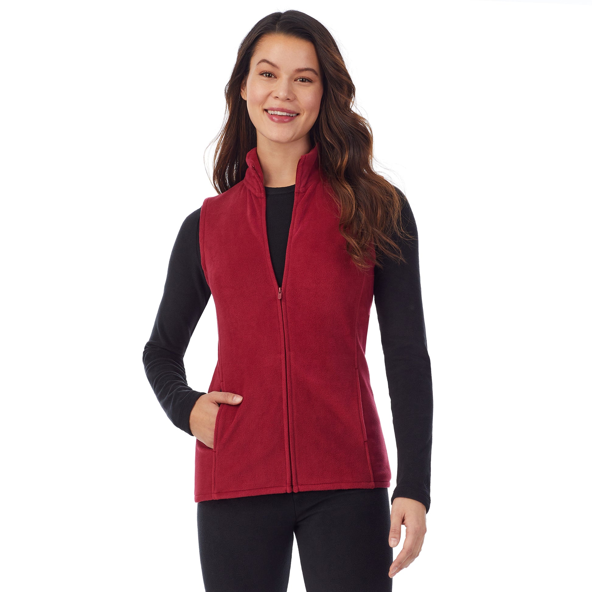 Rhubarb; Model is wearing size S. She is 5’9”, Bust 34”, Waist 25”, Hips 35”.@upper body of A lady wearing red full zip vest