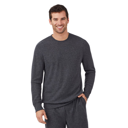 Charcoal Heather; Model is wearing size M. He is 6'1", Waist 31", Inseam 33". @A man wearing a charcoal heather waffle thermal relaxed crew..