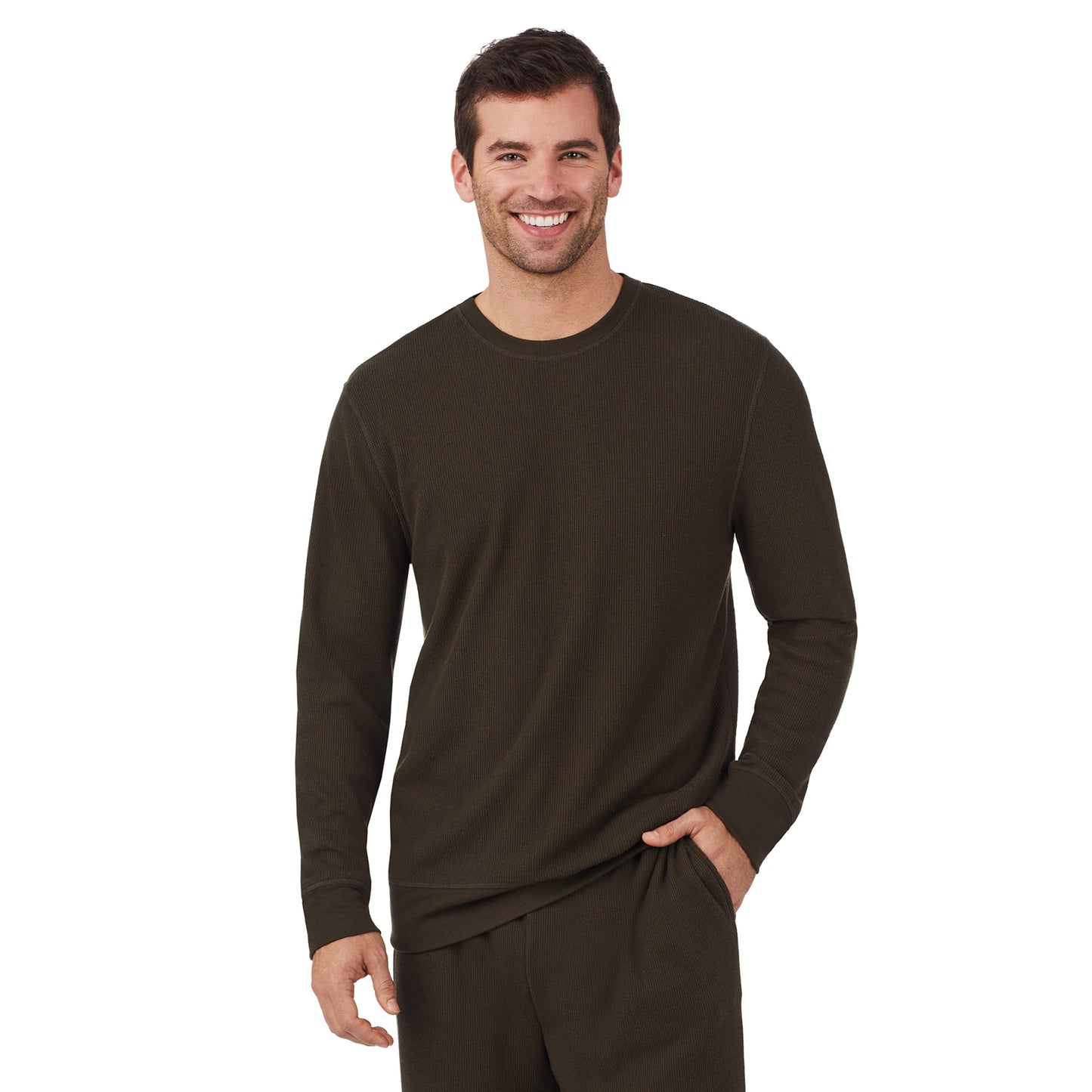 Olive; Model is wearing size M. He is 6'1", Waist 31", Inseam 33". @A man wearing a olive waffle thermal relaxed crew..