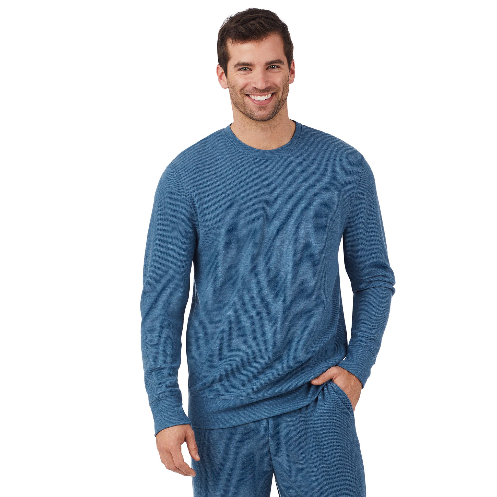 Blue Heather; Model is wearing size M. He is 6'1", Waist 31", Inseam 33". @A man wearing a blue heather waffle thermal relaxed crew..