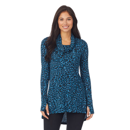 Blue Cheetah;Model is wearing size S. She is 5'8.5", Bust 32", Waist 25", Hips 36"@A lady wearing softwear with stretch long sleeve cowl tunic.