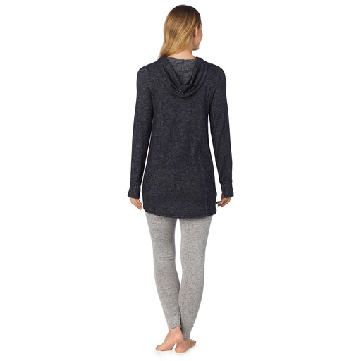 Marled Dark Charcoal; Model is wearing size S. She is 5’9”, Bust 32”, Waist 25.5”, Hips 36”. @A lady wearing a marled dark charcoal long sleeve tunic hoodie.