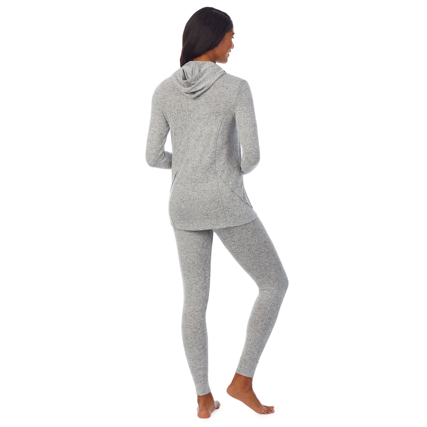Marled Grey; Model is wearing size S. She is 5’10”, Bust 34”, Waist 24”, Hips 34”. @A lady wearing a marled grey long sleeve tunic hoodie.