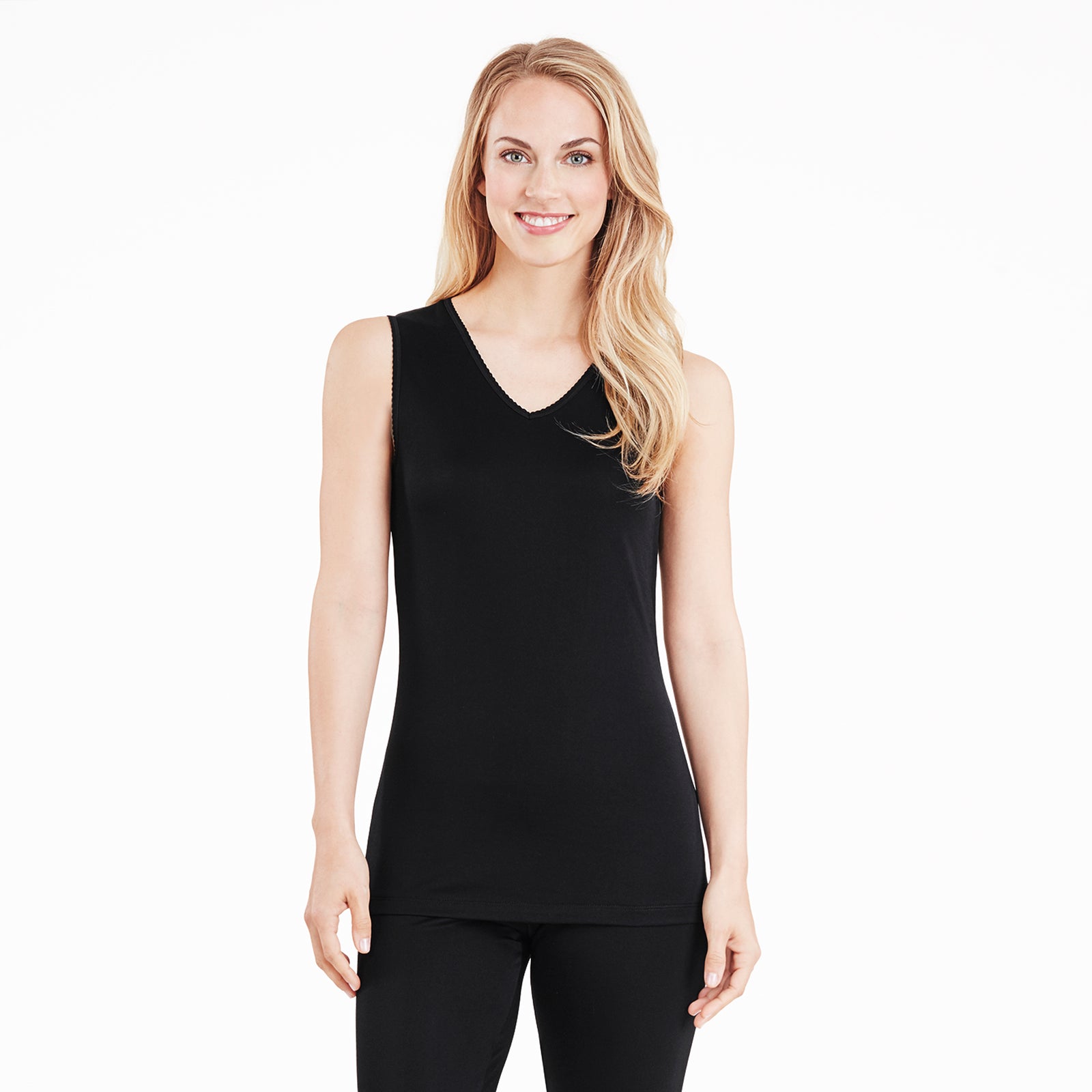 Black;@A lady wearing Softwear Lace Edge V-Neck Tank in Black  