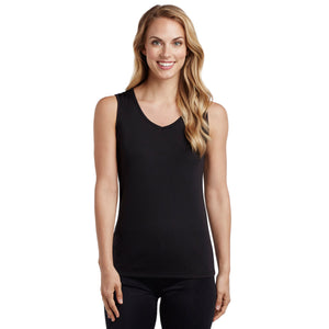 upper body of A lady wearing black v-neck tank top
