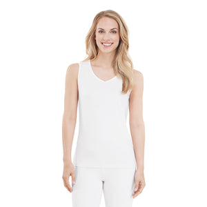upper body of A lady wearing white v-neck tank top