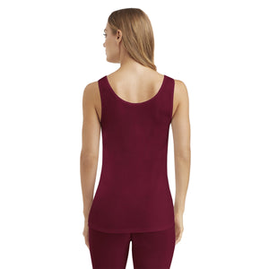 A lady wearing wine softech stretch lace detail cami.