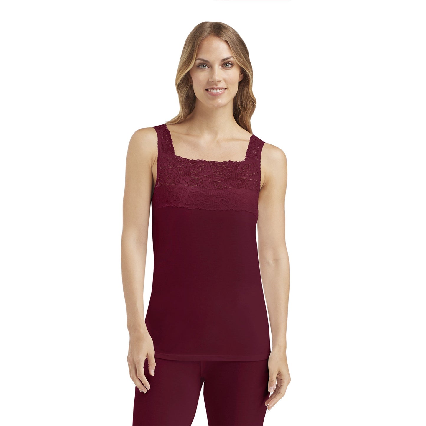 Wine;Model is wearing size S. She is 5’9”, Bust 34”, Waist 26”, Hips 36”.@A lady wearing wine softech stretch lace detail cami.