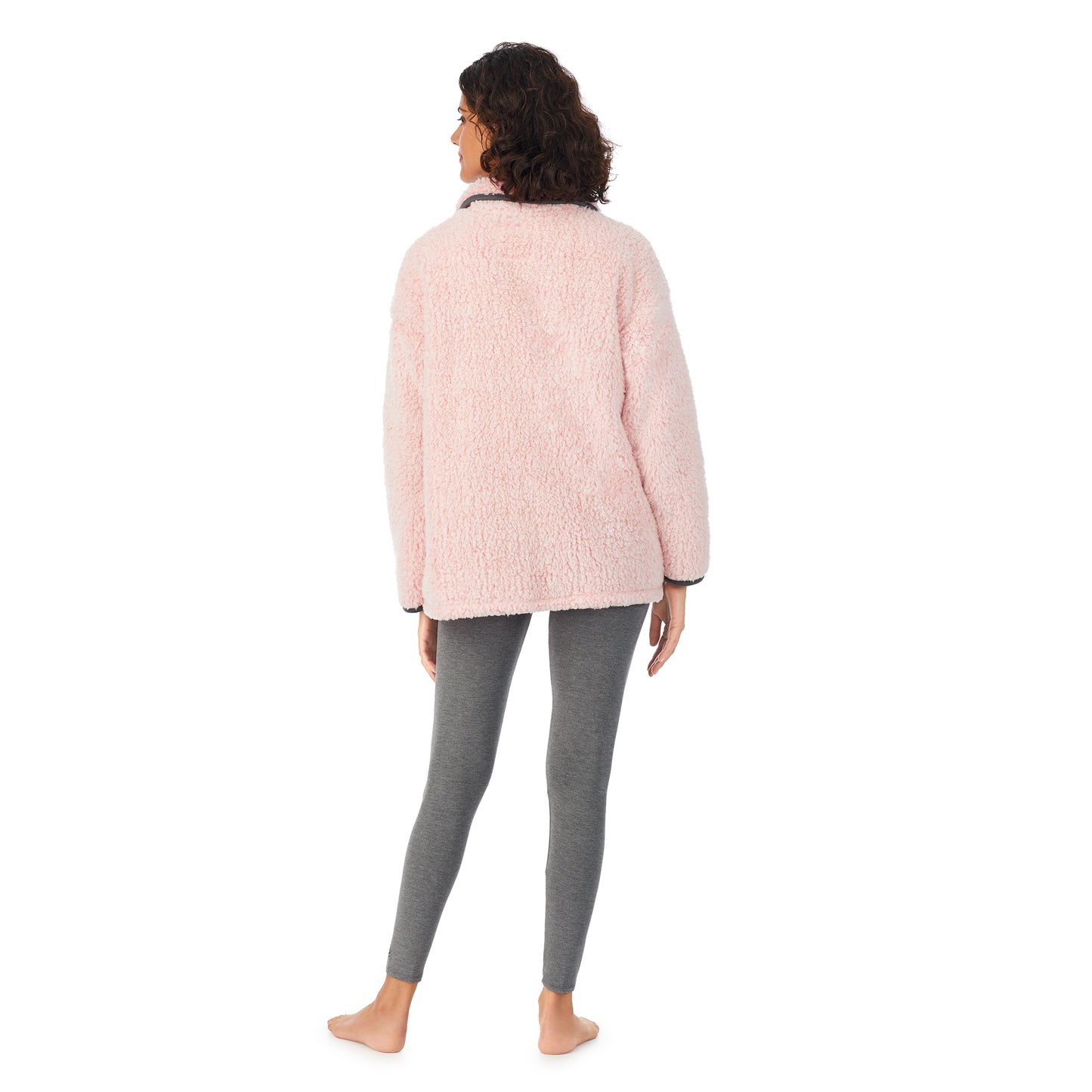 Frosted Blush; Model is wearing size S. She is 5’9”, Bust 32”, Waist 24”, Hips 34.5”.@A lady wearing pink sherpa cardi