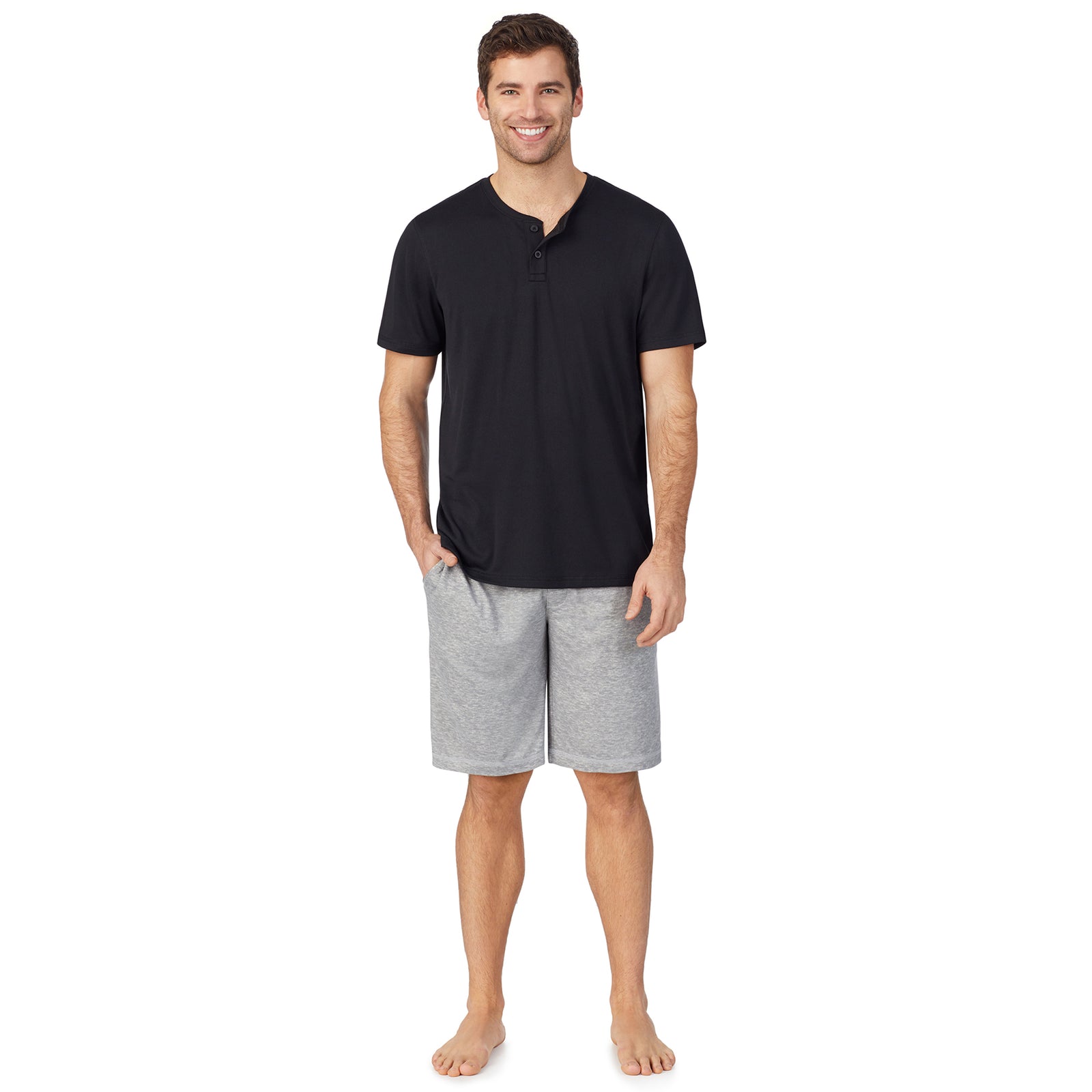 Black Plaid;Model is wearing size M. He is 6'2", Waist 32", Inseam 32".@ A lady wearingMens Short Sleeve Crew Neck Top and Pant Pajama Set with Black Plaid print