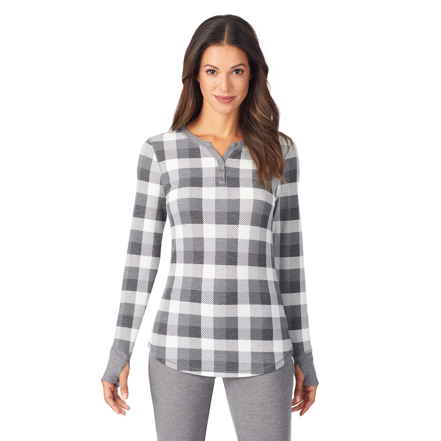 Grey Buffalo Check;Model is wearing size S. She is 5’9”, Bust 32”, Waist 25”, Hips 35”.@A lady wearing stretch thermal long sleeve split v-neck.