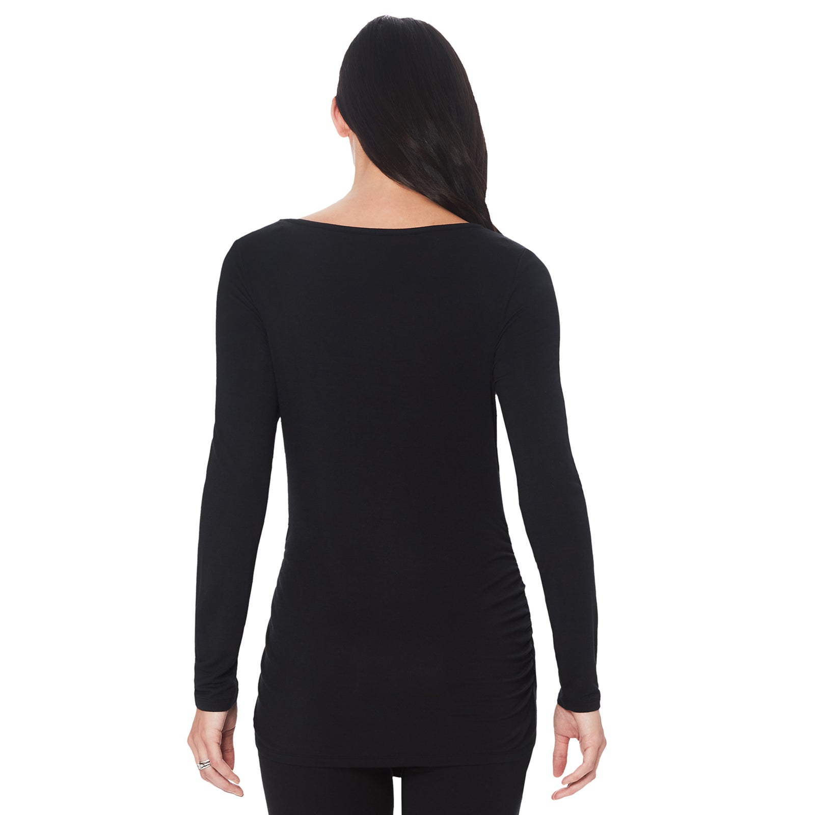 Black; Model is wearing size S. She is 5’11”, Bust 34”, Waist 25”, Hips 36.5”. @A lady wearing a black long sleeve maternity ballet neck top. #Model is wearing a maternity bump. 