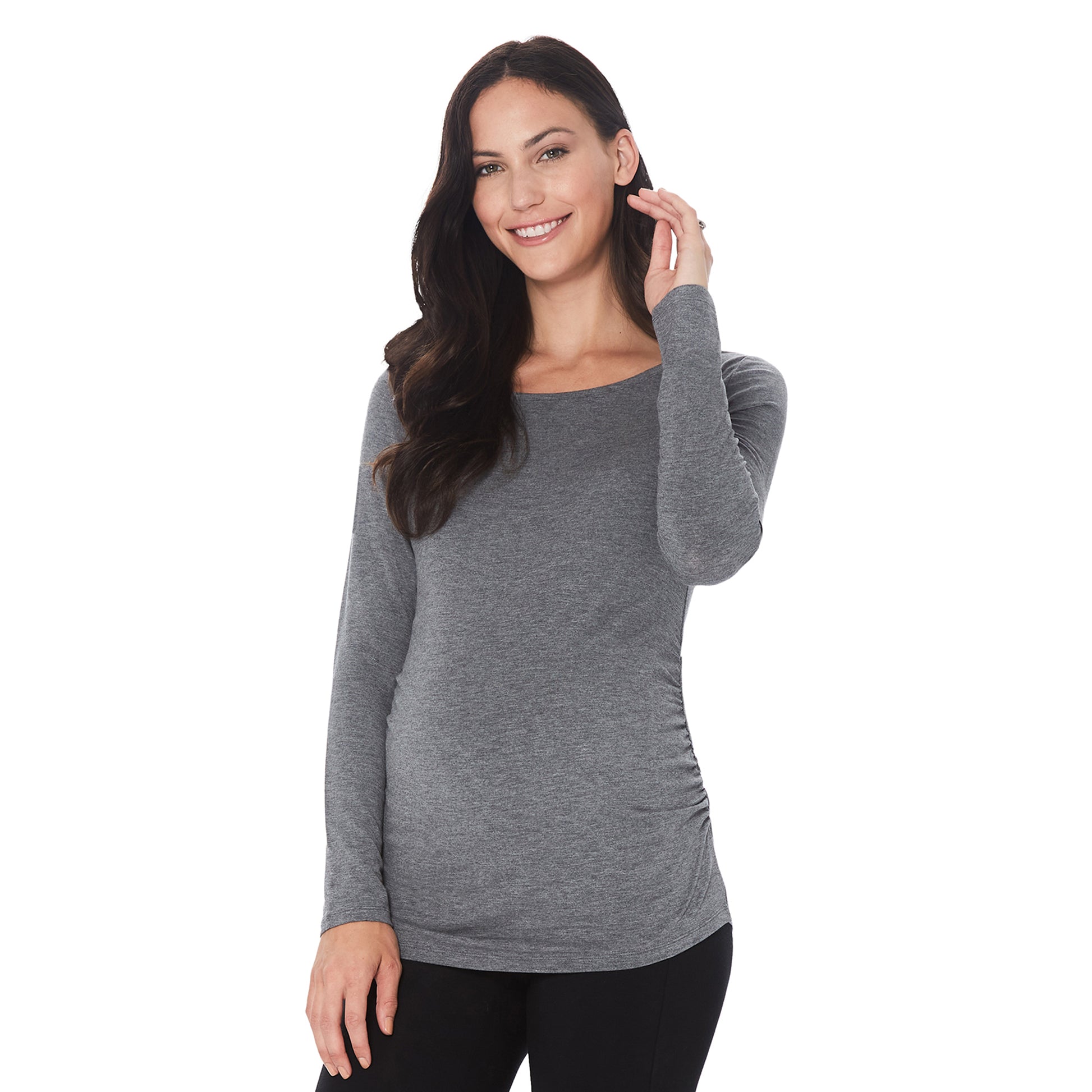 Charcoal Heather; Model is wearing size S. She is 5’11”, Bust 34”, Waist 25”, Hips 36.5”. @A lady wearing a charcoal heather long sleeve maternity ballet neck top. #Model is wearing a maternity bump.