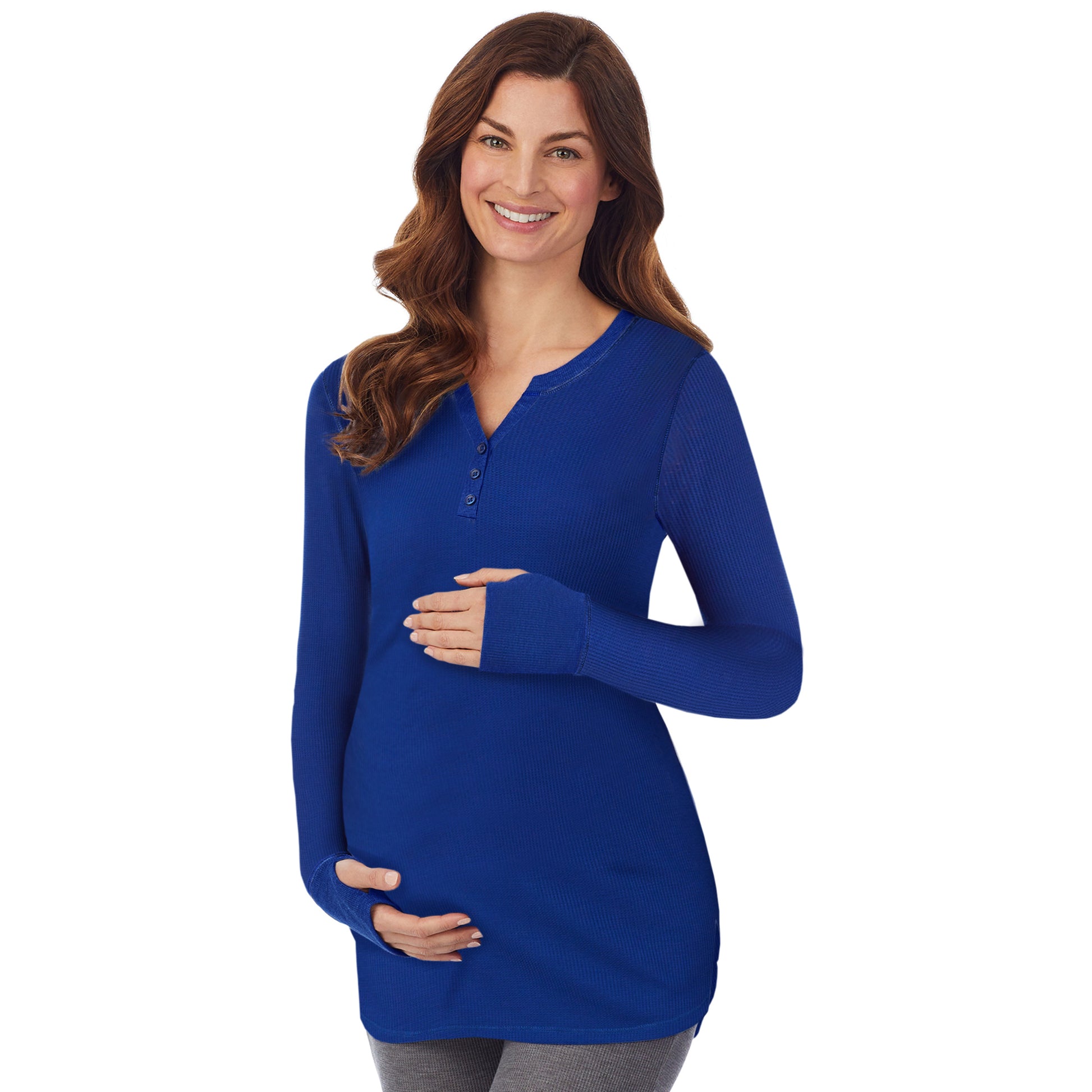 Royal Blue; Model is wearing size S. She is 5’9”, Bust 34”, Waist 24.5”, Hips 36.5”. @A lady wearing a royal blue long sleeve split V-Neck henley. #Model is wearing a maternity bump.