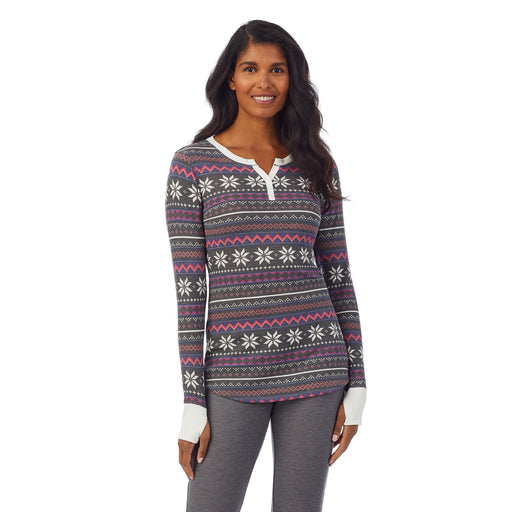 Grey Multi Fairisle; 'Model is wearing size S. She is 5’10”, Bust 34”, Waist 24”, Hips 34”. @A lady wearing a grey multi fairisle long sleeve split V-Neck.