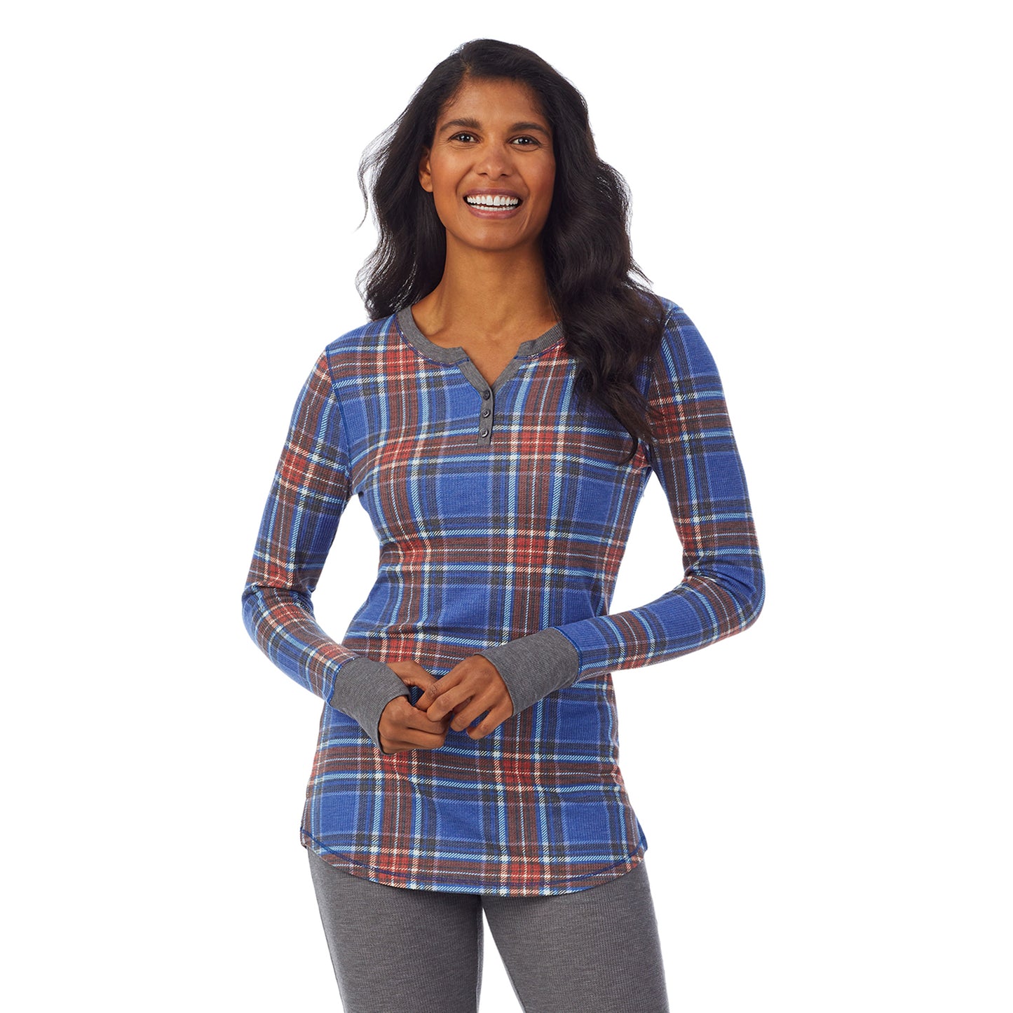 Red Blue Plaid; Model is wearing size S. She is 5’10”, Bust 34”, Waist 24”, Hips 34”. @A lady wearing a red blue plaid long sleeve split V-Neck.