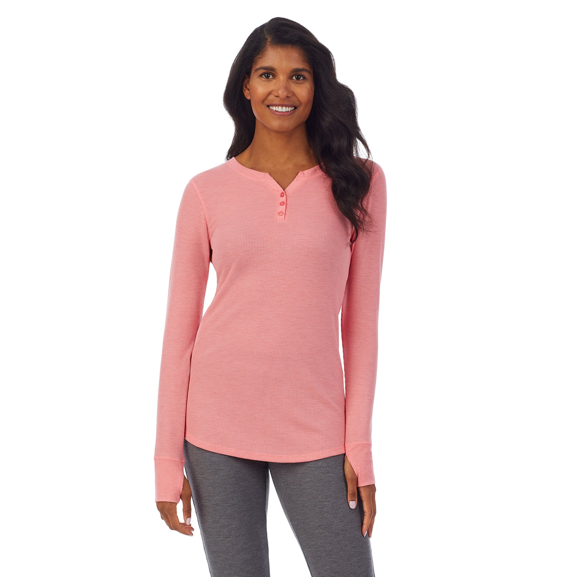 Bright Coral Heather; Model is wearing size S. She is 5’10”, Bust 34”, Waist 24”, Hips 34”. @A lady wearing a bright coral heather long sleeve split V-Neck.