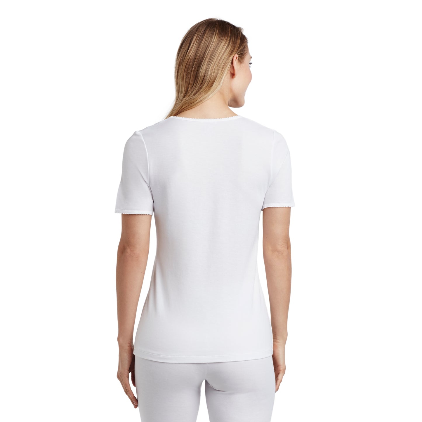 White; Model is wearing size S. She is 5’9”, Bust 32”, Waist 25.5”, Hips 36”. @A lady wearing a  white lace edge short sleeve V-Neck.