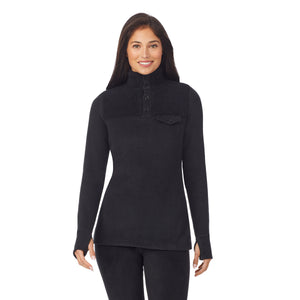 upper body of a lady wearing black long sleeve mixed media mock !59% Polyester, 35% Recycled Polyester, 6% Spandex!