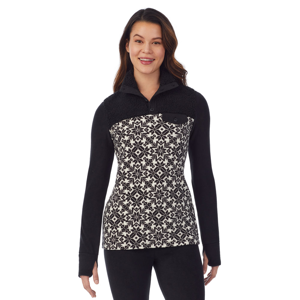 upper body of a lady wearing nordic geo long sleeve mixed media mock !59% Polyester, 35% Recycled Polyester, 6% Spandex!