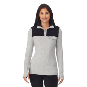 upper body of a lady wearing grey long sleeve mixed media mock !59% Polyester, 35% Recycled Polyester, 6% Spandex!