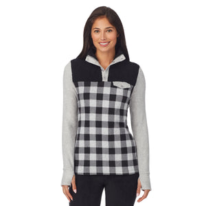 upper body of a lady wearing grey buffalo long sleeve mixed media mock !59% Polyester, 35% Recycled Polyester, 6% Spandex!
