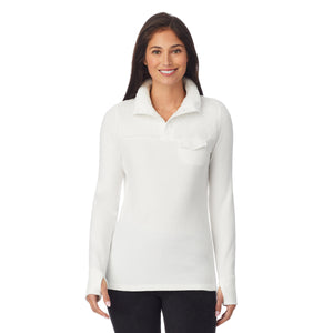 upper body of a lady wearing white long sleeve mixed media mock !59% Polyester, 35% Recycled Polyester, 6% Spandex!