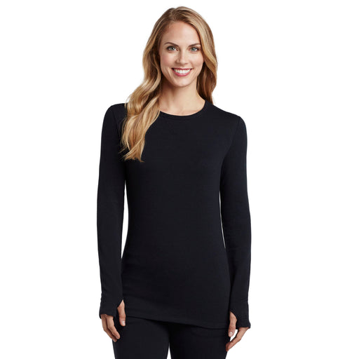 Upper body of a lady wearing long sleeve crew t-shirt.