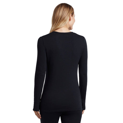 Black; Model is wearing size S. She is 5’9”, Bust 32”, Waist 25.5”, Hips 36”.@Upper body of a lady wearing long sleeve crew t-shirt.