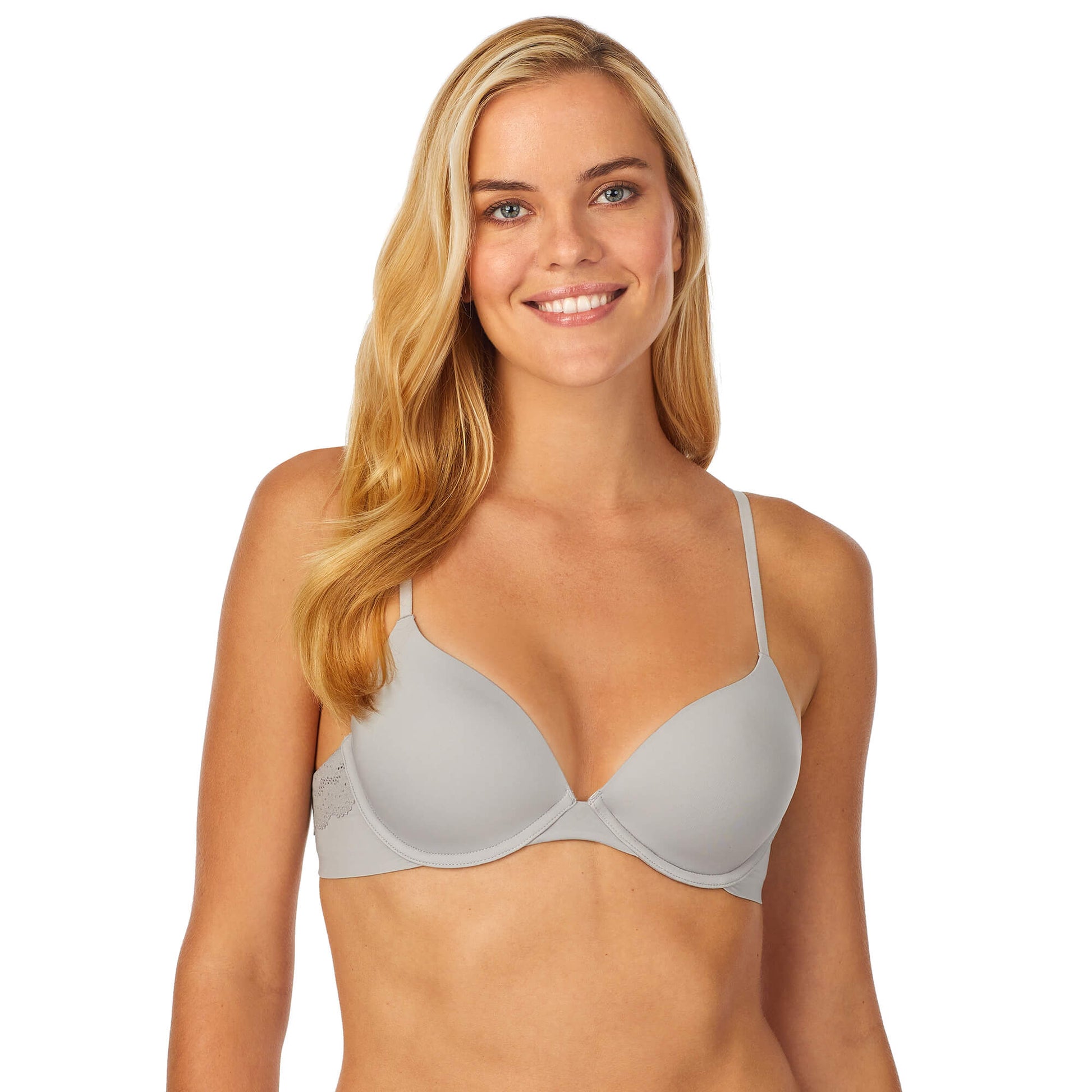 A lady wearing Silver Sconce smooth t-shirt bra.