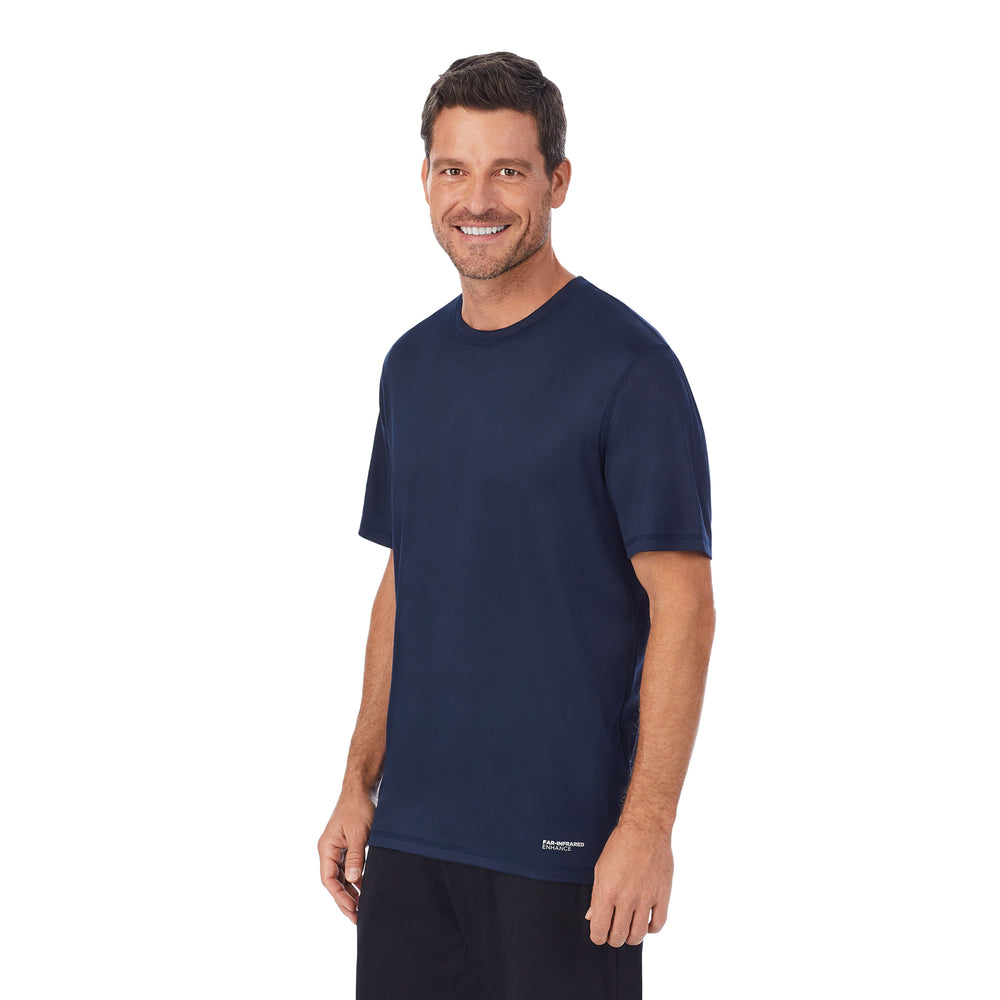A wearing Far-Infrared Enhance Sleep Short with navy print