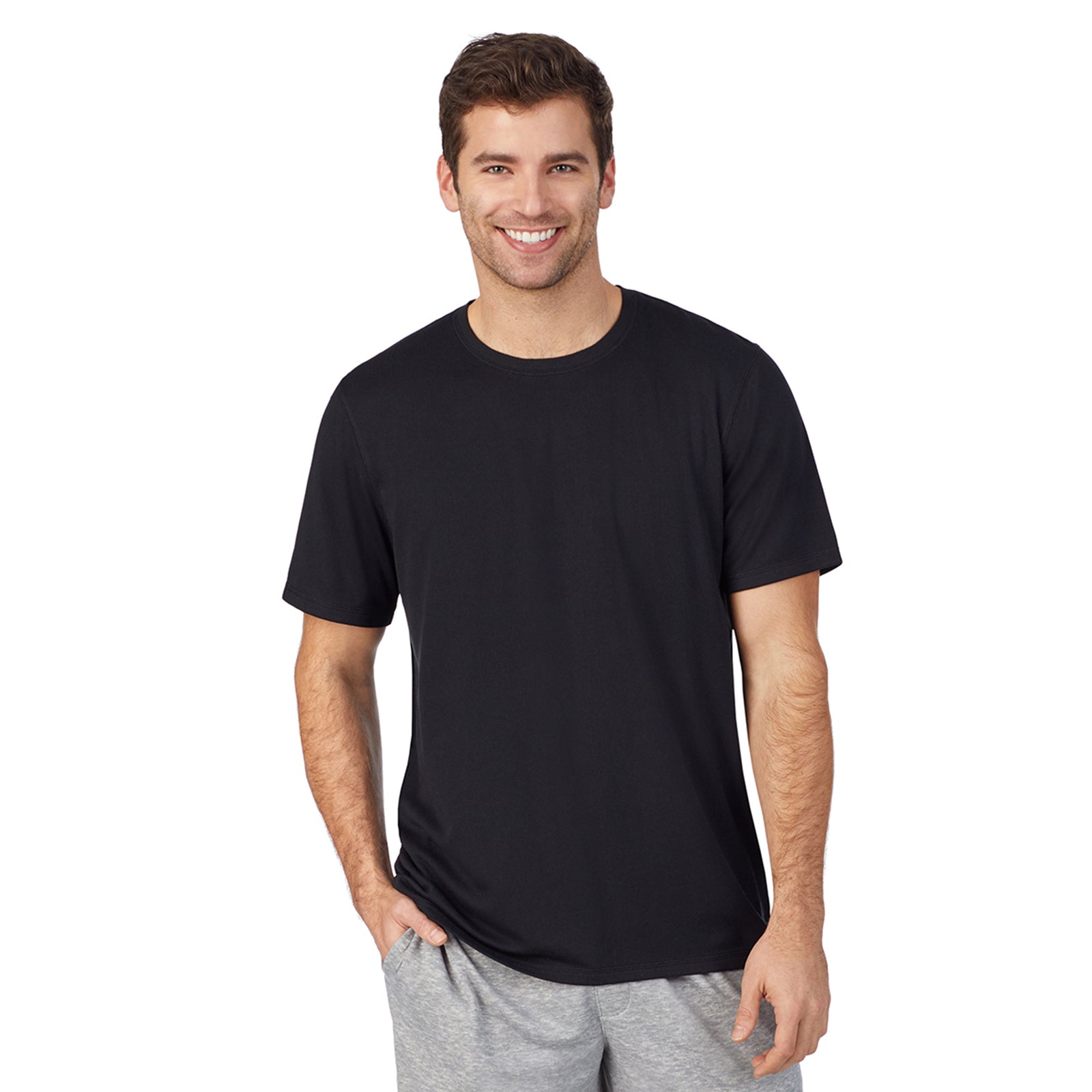 Black;Model is wearing size M. He is 6'0", Waist 31", Inseam 32".@ A man wearing Far-Infrared Enhance Sleep Short in Black print
