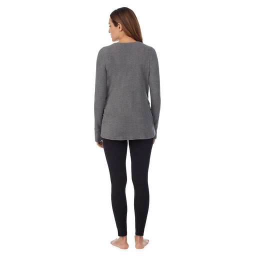 Charcoal Heather;Model is wearing a size S. She is 5’10”, Bust 34”, Waist 34”, Hips 40”.@A lady wearing long sleeve fleecewear with stretch maternity snap front crew.#Model is wearing a maternity bump.