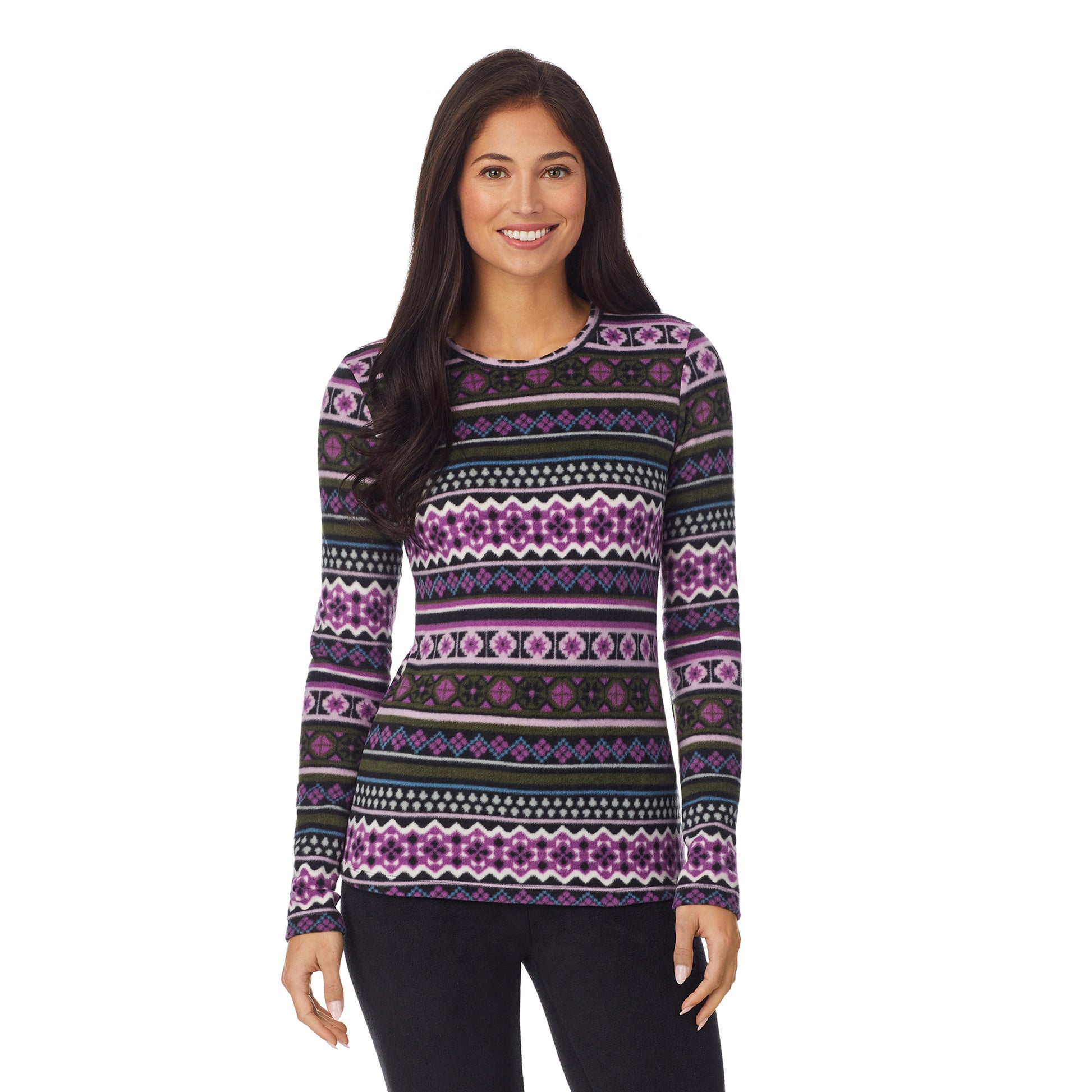 Purple Green Fairisle;She is 5’10”, Bust 34”, Waist 26&quot;, Hips 38”.