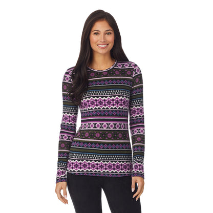 Purple Green Fairisle;She is 5’10”, Bust 34”, Waist 26", Hips 38”.